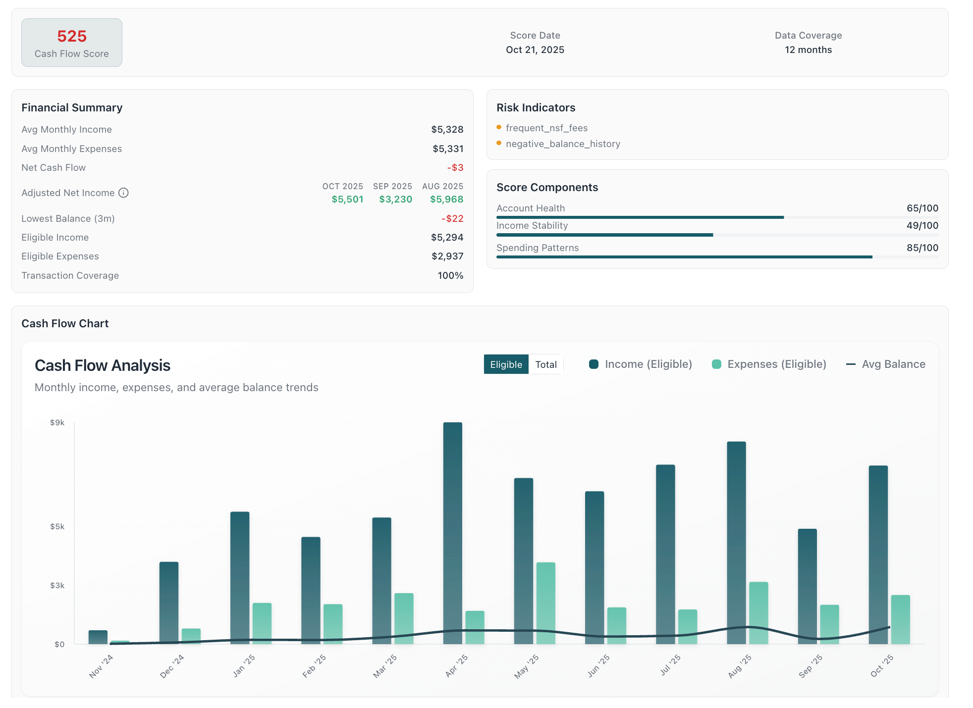 Cash Flow Analysis Report showing score, financial summary, risk indicators, and monthly trends